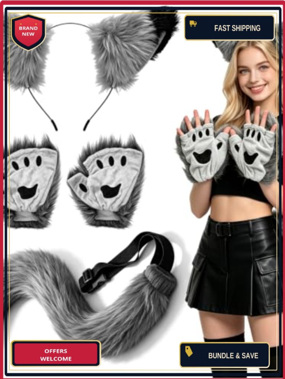 3Pc Wolf Ears Headband Gloves Tail Costume Set Faux Fur Adult Halloween